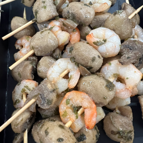 Brocheta de seta y gambas